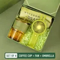 Green business gift set including a coffee cup, portable fan, and sun umbrella in a box - Bamboo Glass Cup Mini Fan Sun Umbrella (FA-05)