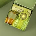 Green business gift set including a coffee cup, portable fan, and sun umbrella in a box - Bamboo Glass Cup Mini Fan Sun Umbrella (FA-05)