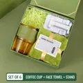 Business gift set with amber glass cup, green towel, and phone stand in a green box - Bamboo Glass Cup Towel Phone Stand (FA-08)