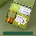 Business gift set with amber glass cup, green towel, and phone stand in a green box - Bamboo Glass Cup Towel Phone Stand (FA-08)