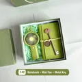 Green business gift set with fabric notebook, handheld fan, and golden key pen - Mini Fan Notebook Key Pen (FA-15)