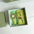 Green business gift set with fabric notebook, handheld fan, and golden key pen - Mini Fan Notebook Key Pen (FA-15)