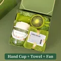 Forest green business gift set including mini portable fan, glass cup, and towel - Pearl Handle Cup Square Towel Mini Fan (FA-21)