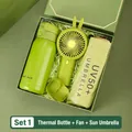 Light green business gift set with thermos cup, mini fan and UV50+ sun umbrella - Stainless Steel Vacuum Flask Umbrella Mini Fan (FA-37)