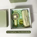 Business gift set with avocado green mini umbrella and rabbit fan in a gift box - Green Mini Fan Sun Umbrella Combo