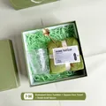 Green gift set with embossed glass cup, small square towel, and golden flower spoon - Embossed Glass Cup Towel Gold Spoon (F-34)