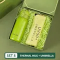 Business gift set 8 featuring a green stainless steel flask and UV50+ sun umbrella - Green Vacuum Flask Sun Umbrella Combo