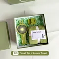 Green business gift set featuring a rabbit ear mini fan and matching soft square towel - Green Mini Fan Square Towel Combo