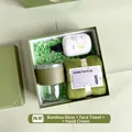 Green gift set with glass tumbler, hand cream, and towel in elegant gift box - Bamboo Cup Square Towel Hand Cream (FA-07)