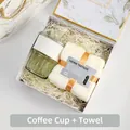 Business gift set including glass coffee cup with white sleeve and soft towel - Marble Pattern Coffee Cup Towel (H-01)
