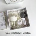 Executive marble gift set featuring a bamboo style glass cup and a mini portable fan - Marble Pattern Cup White Mini Fan (H-04)