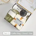 Business gift set including coffee mug, face towel and mini fan in marble gift box - Marble Cup Towel Mini Fan (H-08)