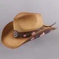 Brown woven cowboy straw hat with pink rose embroidery and vintage floral buckle - Pink Chrysanthemum Embroidery Style / Khaki