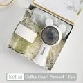 Business gift set with glass coffee cup, green umbrella and handheld mini fan in marble box - Marble Cup Umbrella Mouse-Ear Fan (H-25)
