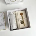 Business gift set with light grey umbrella, beige notebook, and bronze key pen in a box - Grey Umbrella Beige Notebook Key Pen (H-36)