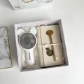 Business gift set with white mini fan, cloth notebook, and gold key-shaped pen - Bear-Ear Mini Fan Notebook Key Pen (H-37)