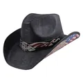 Black straw cowboy hat with American flag band and USA metal eagle badge detail - USA Eagle Wing Badge Style / Black