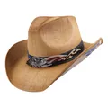 Western straw cowboy hat with American flag leather band and silver USA metal badge - USA Eagle Wing Badge Style / Khaki