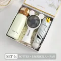 Business gift set with light green vacuum flask, grey sun umbrella and mini portable fan - White Vacuum Flask Mini Fan Sun Umbrella Combo
