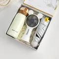 Business gift set with light green vacuum flask, grey sun umbrella and mini portable fan - White Vacuum Flask Mini Fan Sun Umbrella Combo