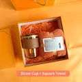Orange business gift set featuring amber glass straw cup and soft face towel - Amber Glass Cup Square Towel (PA-02)