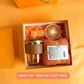 Orange business gift set featuring straw glass cup, mini fan, and coral fleece towel - Amber Cup Fan Square Towel (PA-03)