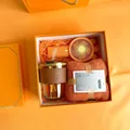 Orange business gift set featuring straw glass cup, mini fan, and coral fleece towel - Amber Cup Fan Square Towel (PA-03)