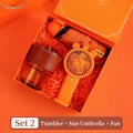 Orange business gift set with glass cup, folding umbrella and mini hand fan - Amber Cup Fan Sun Umbrella (PA-04)