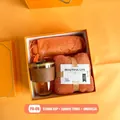Orange business gift set featuring a glass straw cup, square towel, and folding umbrella - Amber Cup Towel Sun Umbrella (PA-06)