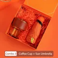 Business gift set with brown leather sleeve coffee cup and orange UPF50+ sun umbrella - Amber Cup Orange Sun Umbrella (PA-08)