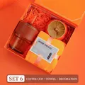 Orange business gift set including a coffee cup with leather sleeve and a persimmon jar - Amber Cup Towel Persimmon Decor (PA-09)