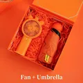 Orange business gift set featuring a portable mini fan and a UPF50+ sun umbrella - Orange Mini Fan Sun Umbrella (PA-14)