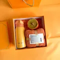 Business gift set with yellow vacuum flask, orange towel and persimmon storage jar - Orange Thermos Towel Persimmon Decor (PA-21)