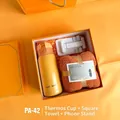 Business gift set with yellow stainless steel thermos, orange towel and phone stand - Steel Cup Towel Phone Stand (PA-42)
