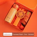 Orange business gift set featuring vacuum flask, portable fan, and UV sun umbrella - Orange Thermos Fan Sun Umbrella Combo
