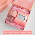 Pink business gift set featuring a coffee cup with leather sleeve and a plush towel - Pink Glass Cup Square Towel (TA-01)
