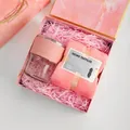 Pink business gift set featuring a coffee cup with leather sleeve and a plush towel - Pink Glass Cup Square Towel (TA-01)