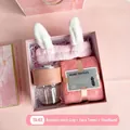Pink business gift set with glass cup, plush headband, and towel in elegant box - Pink Cup Towel Hair Band (TA-02)