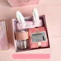 Pink business gift set with glass cup, plush headband, and towel in elegant box - Pink Cup Towel Hair Band (TA-02)