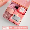 Pink business gift set with leather sleeve glass cup, hand cream and soft towel - Pink Cup Towel Hand Cream (TA-05)