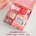Pink gift set with handheld fan, glass cup and towel in an elegant present box - Pink Cup Towel Mouse-Ear Fan (TA-06)