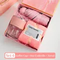 Pink business gift set featuring a folding umbrella, coffee cup and plush towel in a marble box - Pink Cup Towel Sun Umbrella (TA-07)