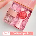 Pink business gift set with mini handheld fan and glass coffee cup in marble box - Pink Cup Mouse-Ear Fan Combo (TA-24)