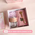 Pink business gift set with glass tumbler, leather notebook, and golden key pen - Pink Cup Notebook Key Pen (TA-26)