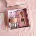 Pink business gift set with glass tumbler, leather notebook, and golden key pen - Pink Cup Notebook Key Pen (TA-26)