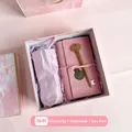 Pink business gift set including a folding umbrella, leather notebook, and golden key pen - Pink Umbrella Notebook Key Pen (TA-41)
