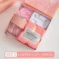 Pink gift set with insulated glass coffee cup, coral fleece towel, and folding stand - Pink Cup Towel Phone Stand Combo