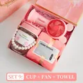 Pink business gift set featuring a portable mini fan, glass tumbler, and soft towel - Pink Pearl Cup Towel Fan Combo