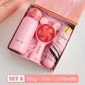 Pink gift set including thermos cup, mini handheld fan, and UV sun umbrella in marble box - Pink Thermos Fan Sun Umbrella Combo