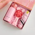 Pink gift set including thermos cup, mini handheld fan, and UV sun umbrella in marble box - Pink Thermos Fan Sun Umbrella Combo